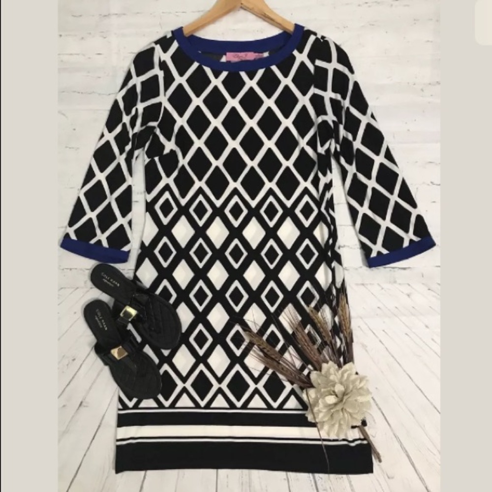 Eliza J Black White Blue 3/4 Sleeve Shift Dress Size 4